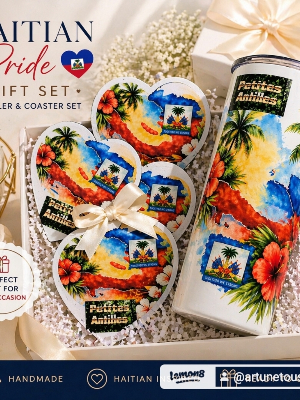 Tropical Haitian Pride Coaster & Tumbler Set with Hibiscus Motif